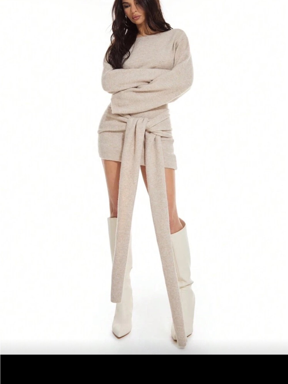 Cozy Knit Tie-Waist Sweater Dress in Oatmeal